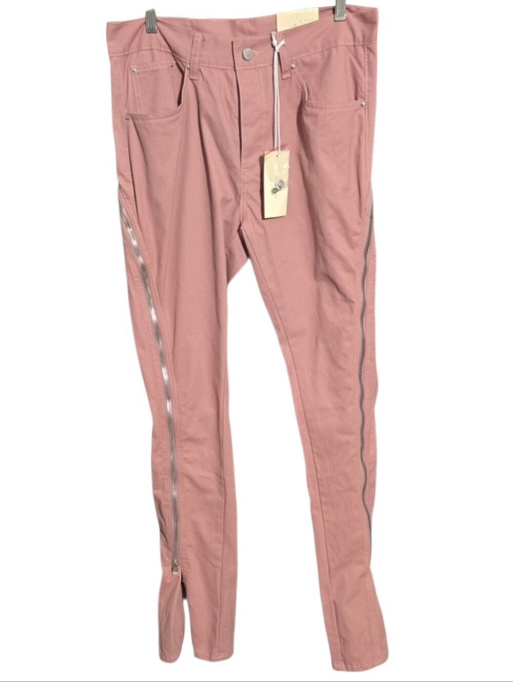 MNML Men’s Skinny Jeans with Silver Side Zippers in Dusty Rose